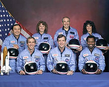 STS-51-L crew: (front row) Michael J. Smith, Dick Scobee, Ronald McNair; (back row) Ellison Onizuka, Christa McAuliffe, Gregory Jarvis, Judith Resnik.