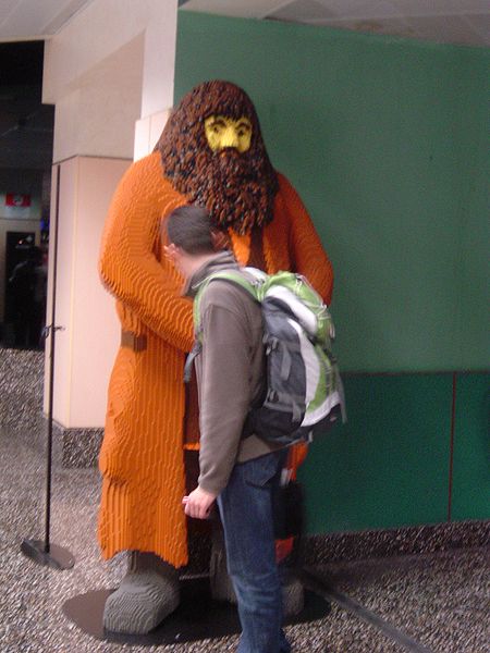 Hagrid's figure made of LEGO blocks at Milano Linate airport
