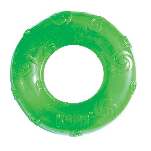 KONG Squeezz Ring Dog Toy. The toys also come in sticks and balls. They squeak, are good for tugging and throwing and that cannot be chewed apart at all.