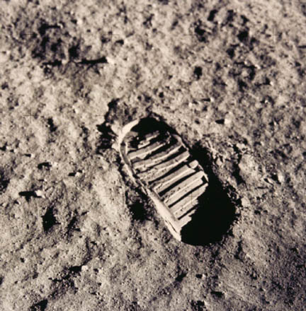 This is Neil Armstrong's first boot print on the moon. From looking at it, you can see how find the powdered regolith is just by the sharp definition of the boot print. The surface dust is a fine as talcum powder.