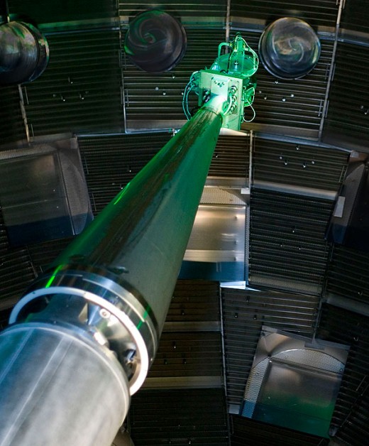 This laser is capable of firing in the 500 trillion watt beam along with 191 more like it  are hoped to trigger nuclear fusion. But one of these lasers can blast through 12 feet of steel and would be useful for space mining operations.