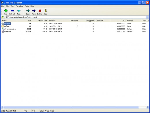 Now the Addon XPI file is a collection of files for the Addon to work.  We are interested in a specific file the RDF file.  I use 7Zip for the extraction process.