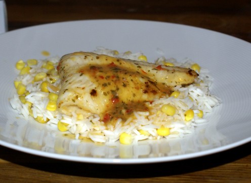 Birds Eye Bassa Fillets served with rice and sweetcorn