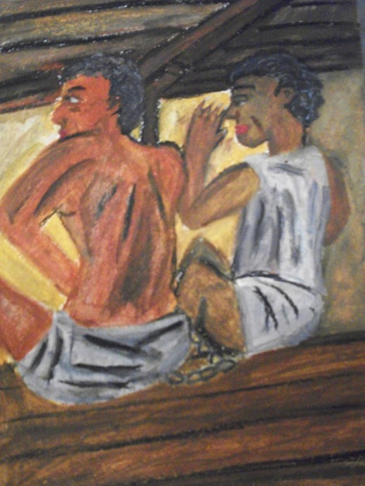 Chained And Bound- This depicts two slaves in the hold of a ship bound for America. These slaves often had to endure deplorable living conditions and hardships while chained to one another awaiting their fates.