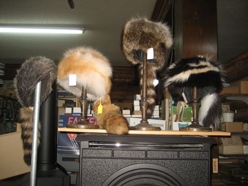 Davey Crockett  style Coonskin Hats - Fur hats at H.J. Smith's General Store, Covington, Louisiana old town section