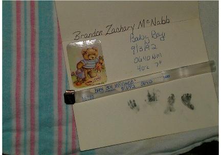 One of the few things I have from my stillborn baby. Footprints, hand prints that are not very good and a bracelet on the blanket he was wrapped in at the hospital. I feel lucky to have these. With my ectopic and miscarriages I had nothing. 