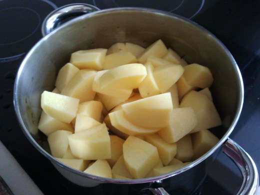 Potatoes, cut and ready to be cooked.