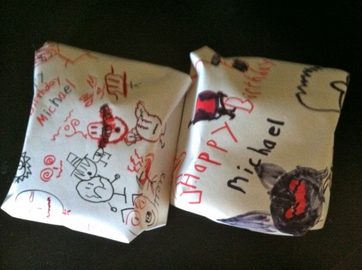 Gifts wrapped with handmade & recyclable wrapping paper for my nephew.