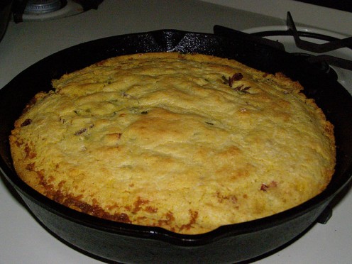 Cast iron skillet cornbread with bacon, jalapeno and onion