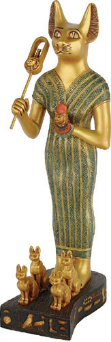 Bastet, an Egyptian goddess, holds a sistrum (Click to enlarge)