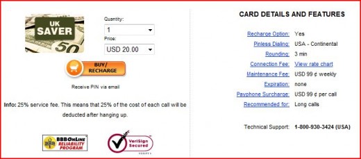 UK Saver Phone Card Full Details
