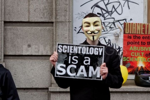 An Irish Anonymous protester outside the Scientology church in Dublin