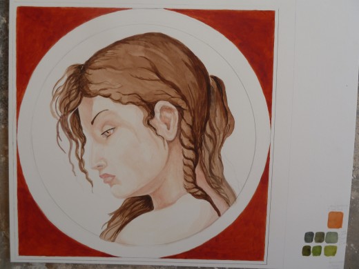 I've begun laying washes to define and color the subject's face.  Notice the color experiments at the lower right margin.