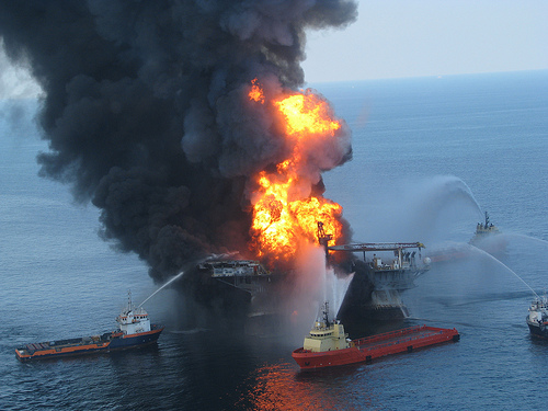 Oil spilling into Gulf of Mexico; 2010.