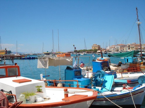 Colourful fishing boats in the harbour of Aegina city.