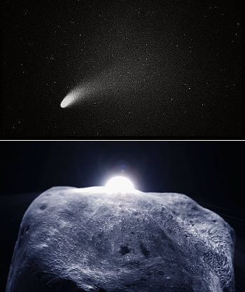 Figure 9. A typical comet and a typical shape of planetoid. Comet and planetoids, togather with meteoroids and meteors are counted as the small Solar System bodies.