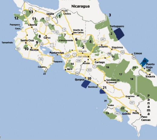 National Parks, reserves and protected areas in Costa Rica.