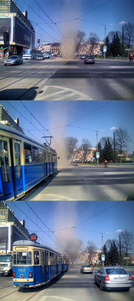 Dust devils on a street in Krakow, Poland. These  pictures were taken in 2008.