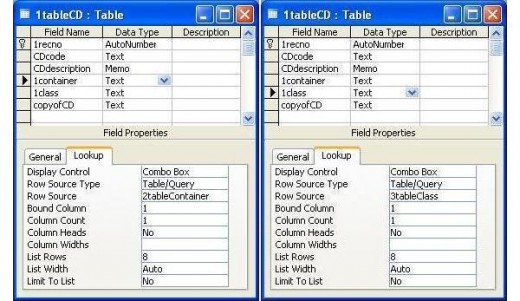 Specification to look up values  in '1container' and '1class' fields if existing at 2tableContainer and 3tableclass