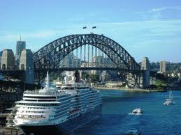The Harbour Bridge Sydney, and a ship docked nearby, very much the same picture when I arrived in Sydney by ship. 
