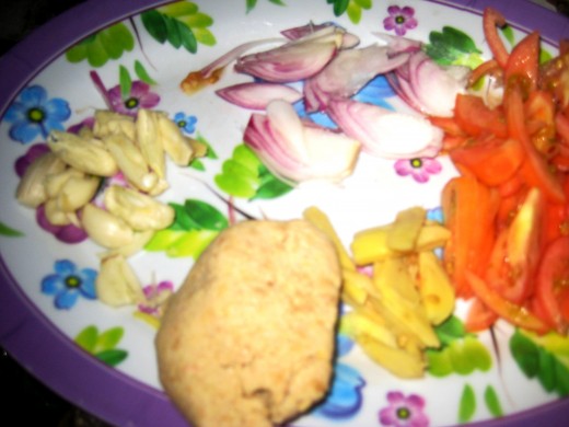 Spices (onion, garlic, ginger) with tomatoes and miso (Photo by Travel Man)