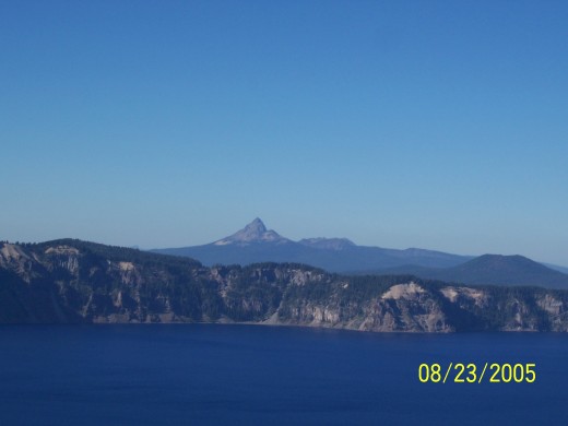 View of the mountains on the far side of Crater Lake.