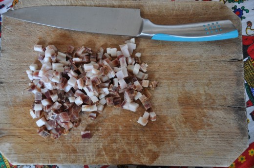 Pancetta, diced.  I used a smoked pancetta for this rather than cured, which is more strongly flavored than American hickory smoked bacon.  It was a little too strong, but no one can say it didn't add smokiness!