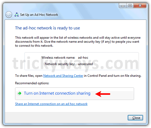 Turn on Internet connection sharing