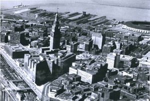 In this old aerial of downtown Cleveland, note the ego statement and branding achieved by The Terminal Tower of the van Sweringen brothers