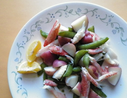 Crab meat with sugar snap peas and red new potatoes