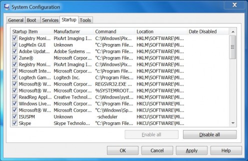 Whoa doggie! Look at all those processes that start on start up! You definitely do NOT need all that. Notice the Startup tab is selected. Now go through and un-check those pesky pointless processes.