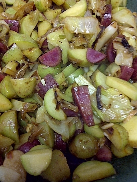 Add the potatoes to the leek and garlic mixture and cook til onions start to carmelize 
