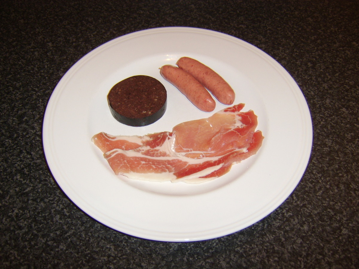 Sausages, bacon and black pudding are the meat components of this dish