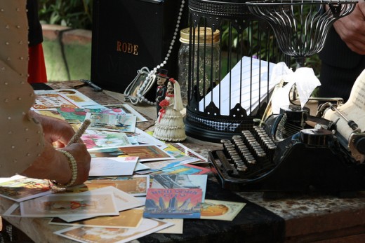 postcards and typewriter