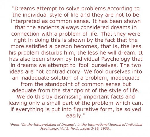 a quote from Alfred Alder explaining the purpose of dreams as they relate to solving problems.
