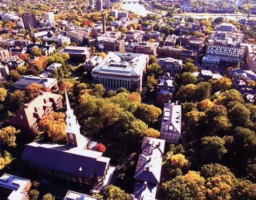 Aerial view above Harvard's central campus