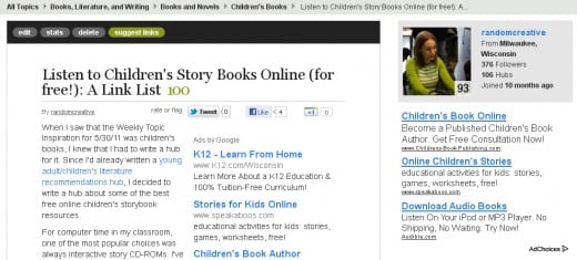 I received a 100 hub score my children's story books online hub in late February 2012