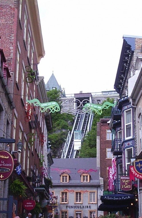 Cable car in Old Quebec City. Year of the 400th Anniversary.
