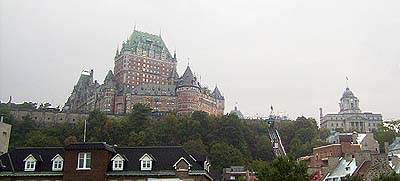 A view of Quebec City, including the Chateau Frontenac and funicular, taken from the Levis ferry. 