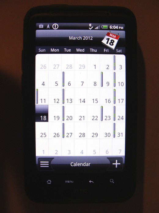 Fig 2 - HTC Calendar screen