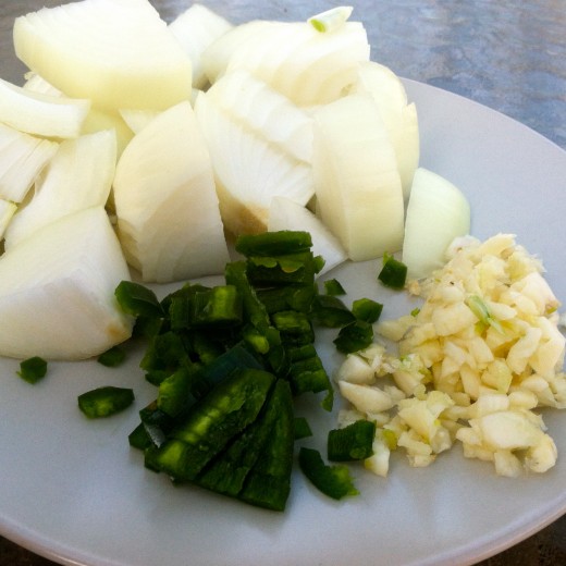 Chopped onion; minced garlic; diced jalapeño pepper