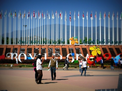 At the entrance (with flags of different countries)