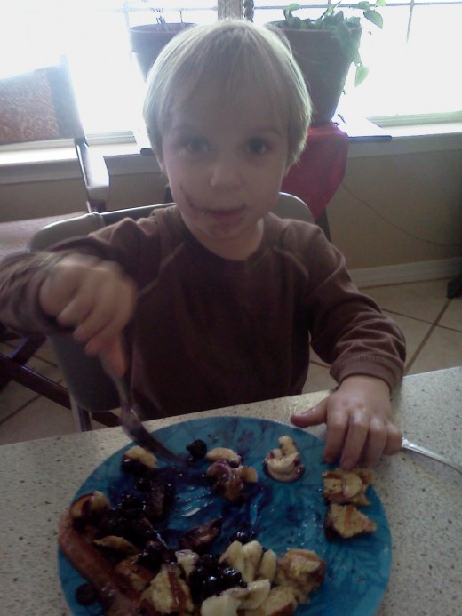 My youngest enjoys blueberries on top of whole wheat french toast, made with farm fresh eggs.  I added sliced bananas to the dish - not in the sauce, but on top of the toast.  Yum!