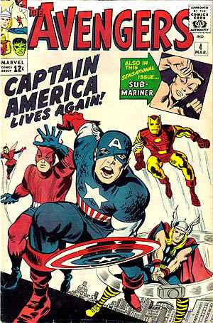 Captain America returns: Avengers #4 by Stan Lee and Jack Kirby.