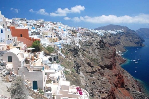 The island of Santorini, looking across the collapsed caldera and the buildings decorating the lip of it. Where is Atlantis? Not here.