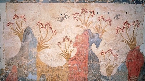 An ancient fresco of a spring landscape found in the excavations of bronze-age Akrotiri, Santorini, Greece.