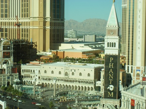 A view of the Vegas Strip. To the right: The Phantom of the Opera is performing until September 2012 at the Venetian Hotel and Casino.