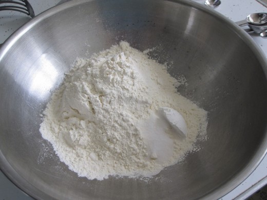Flour, baking powder, and salt. Blend thoroughly.