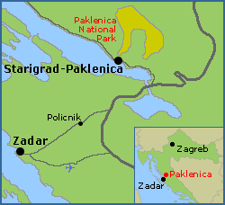 The map of Paklenica National Park in relation to the whole of Croatia.  It's about an hour's drive north east from Zadar.