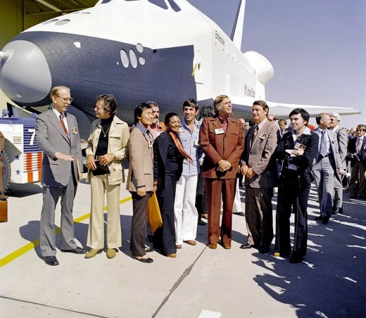 Cast members of the Star Trek television series on hand as the Space Shuttle Enterprise is readied for service.